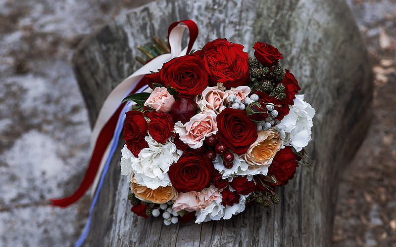 wedding bouquet red roses, bridal bouquet, pink roses, wedding concepts, red silk ribbons, HD wallpaper