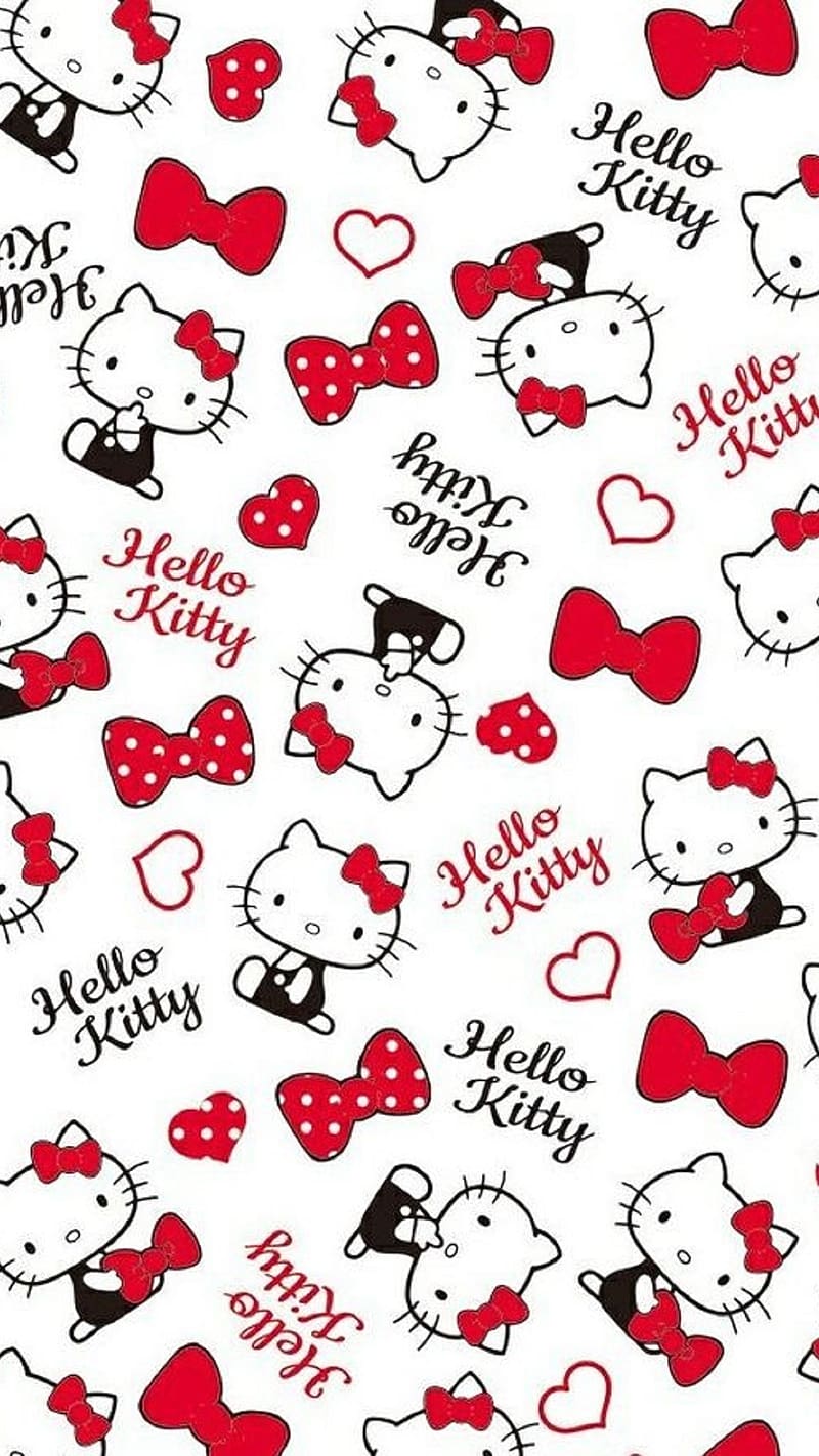 Cute Hello Kitty, Red Bow Background, cartoon, kitty white, HD phone wallpaper