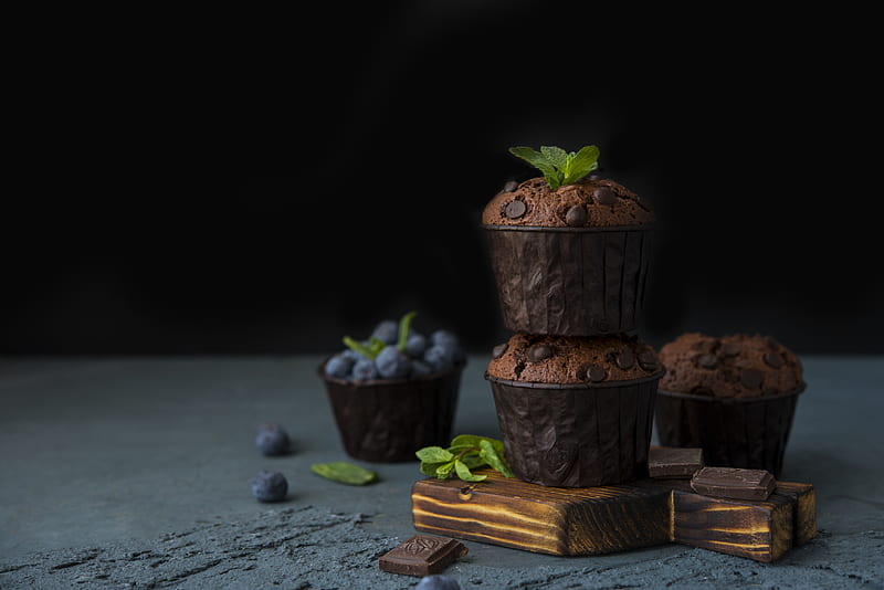 chocolate muffins, blueberries, cake, dessert, sweets, Food, HD wallpaper