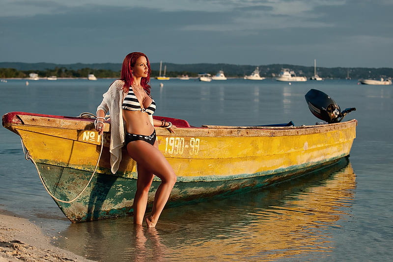 Bianca Beauchamp, water, boat, sexy, bikini, HD wallpaper