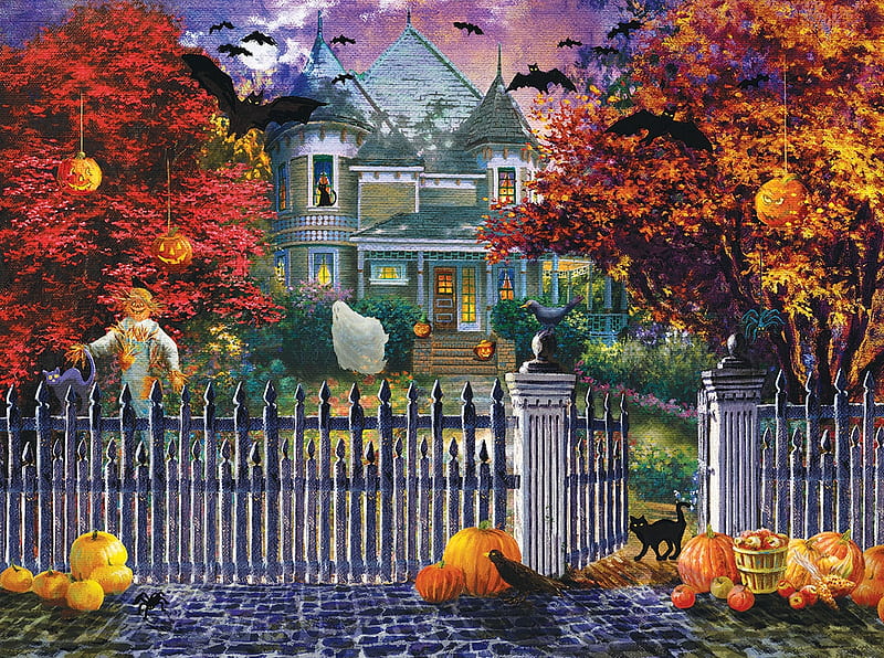 Halloween HouseCat, fence, decorated, house, ghosts, home, black, cat, pumpkins, puzzle, HD wallpaper