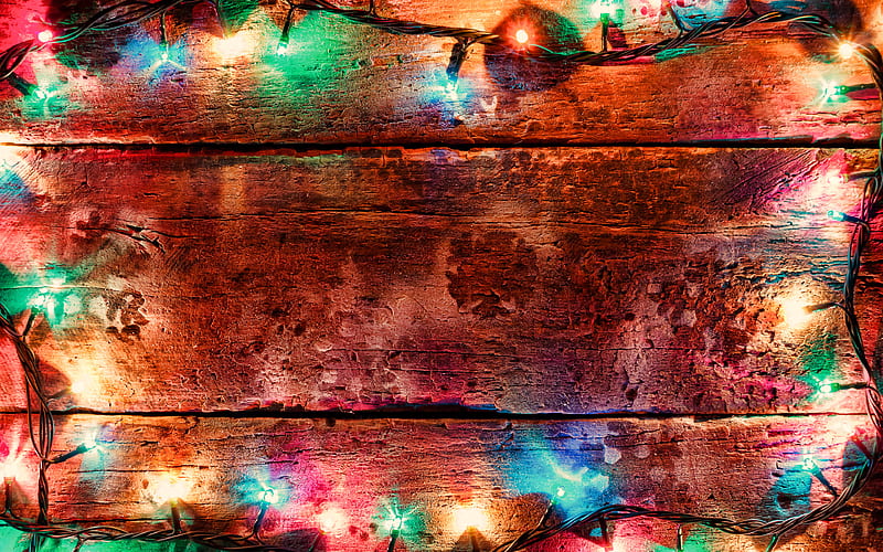 christmas lanterns frame wooden background, christmas decorations, new year garland frame, Happy New Year, colorful flashlights frame, new year concepts, flashlights, HD wallpaper