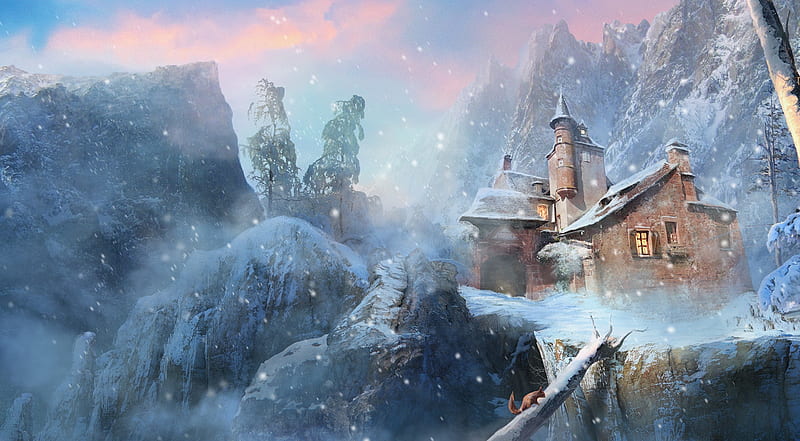 Mansion, art, house, luminos, winter, fantasy, snow, reinmar84, blue, HD wallpaper