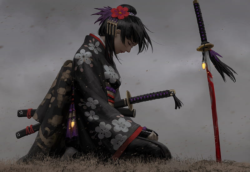 Samurai girl, dark, katana, black, kimono, sword, art, red, frumusete, luminos, guweiz, fantasy, HD wallpaper