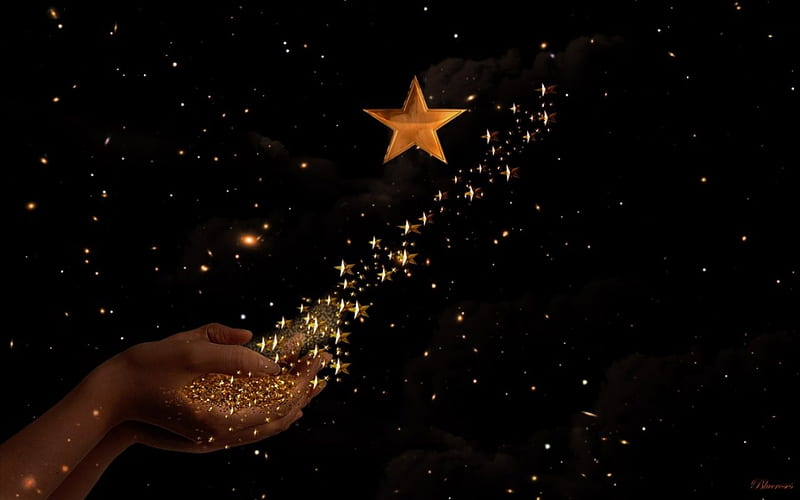 *Go and shine...*, stars, golden stars, time, sky, woman, hands, fantasy, gold, dark sky, night, HD wallpaper