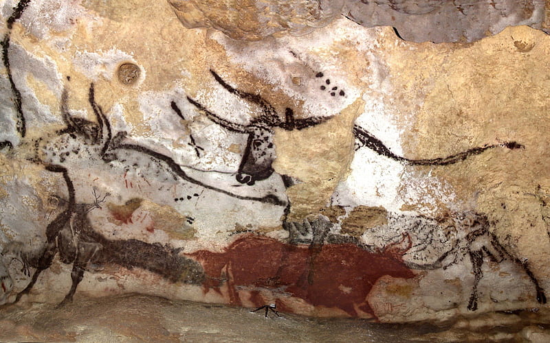 Paleolithic wall art in Lascaux, lascaux, wonderful, stunning, religious, spiritual, caveman, animism, nice, art parietal, colored, homo sapiens, cool, france, paleolithic, neanderthal, awesome, history, caves, bulls, wall art, bonito, old, cave graphy, stone, wild, painting, cavemen, prehistory, bull, animals, amazing, ancient, colors, drawing, prehistoric, prehistoire, HD wallpaper