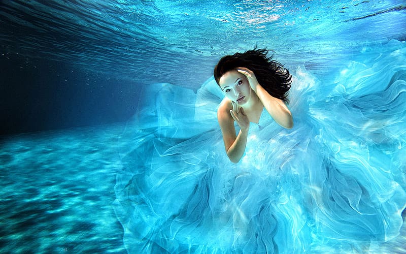 Artistic, Underwater, Brunette, Pool, Women, Blue Eyes, Blue Dress, HD ...
