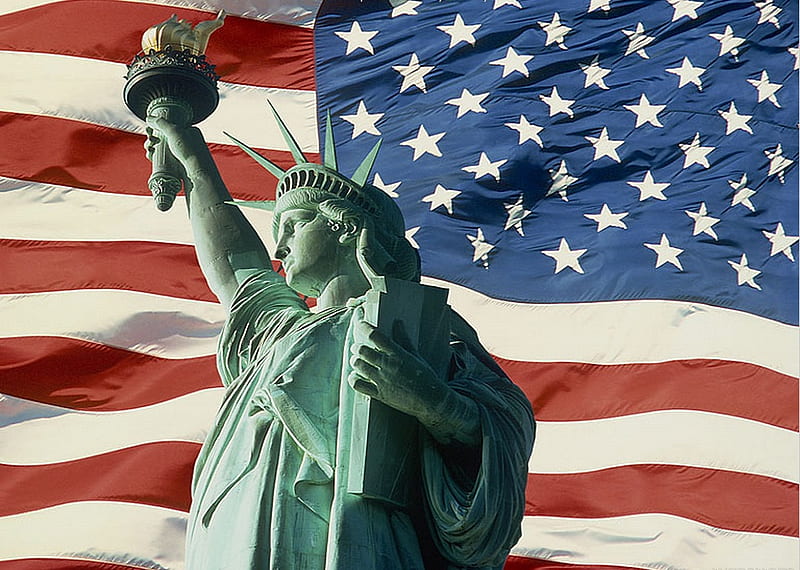 Lady Libery n Stars 'n' Stipes, red, stars, statue of liberty, patriotic, american flag, strips, white, blue, HD wallpaper