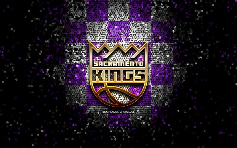 Sacramento Kings, glitter logo, NBA, violet gray checkered background, USA, american basketball team, Sacramento Kings logo, mosaic art, basketball, America, HD wallpaper