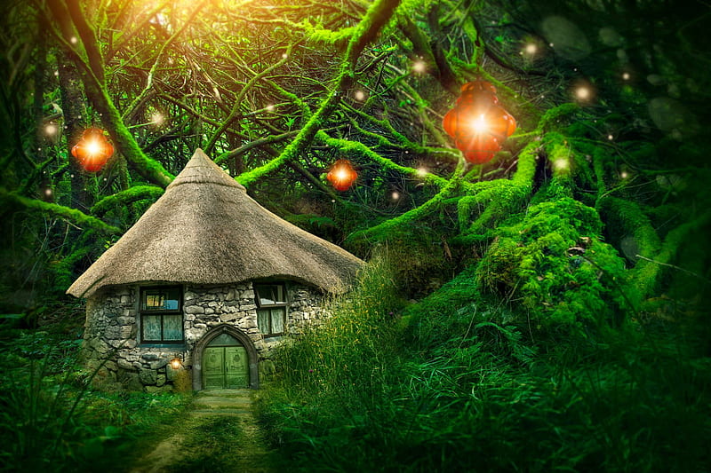 Fairy forest with a small house, magical, fairytale, fairy, enchanted, wood, art, forest, house, lantern, bonito, trees, fantasy, HD wallpaper
