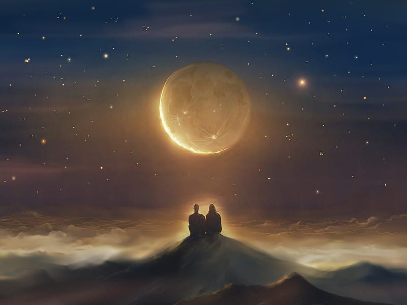 Nearly New Moon, new, ahmx alromeadheen, valentine, silhouette, couple, night, moon, luminos, sky, moon, fantasy, HD wallpaper