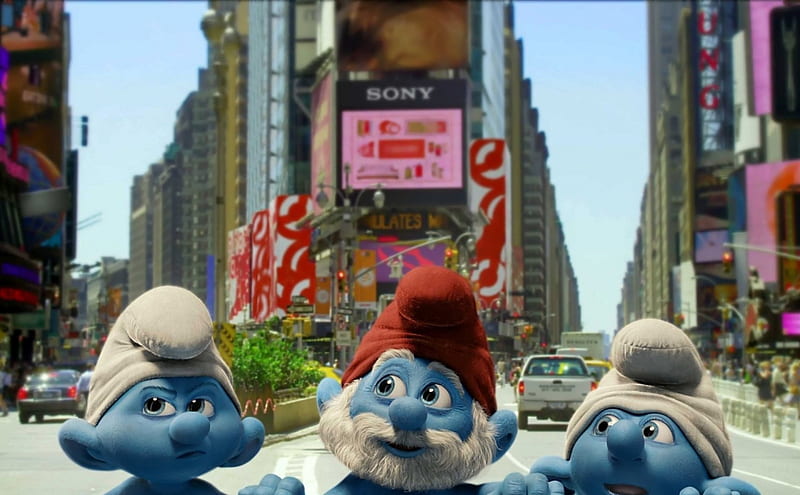 The Smurfs, red, new york, fantasy, city, movie, funny, blue, HD wallpaper