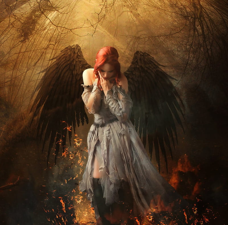 Fallen angel, wings, luminos, redhead, bkack, dark, angel, tinder, inertiarose, fantasy, HD wallpaper