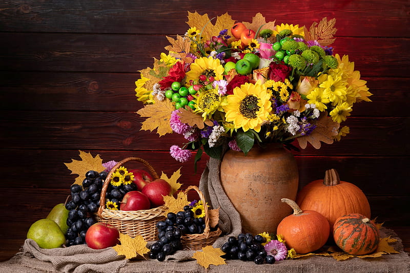 Autumn still life, plenty, bouquet, fruiys, fall, aooles, vase, beautiful, pears, still life, basket, sunflowers, pumpkin, autumn, grape, flowers, HD wallpaper