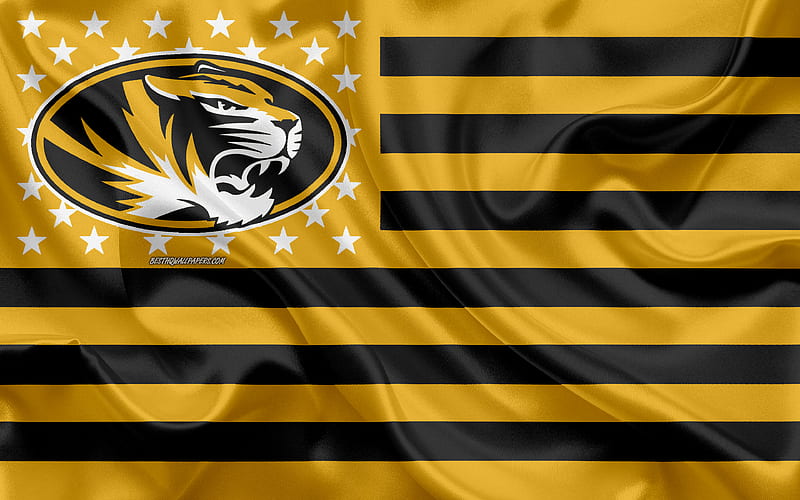 Missouri Tigers, American football team, creative American flag, yellow black flag, NCAA, Columbia, Missouri, USA, Missouri Tigers logo, emblem, silk flag, American football, HD wallpaper
