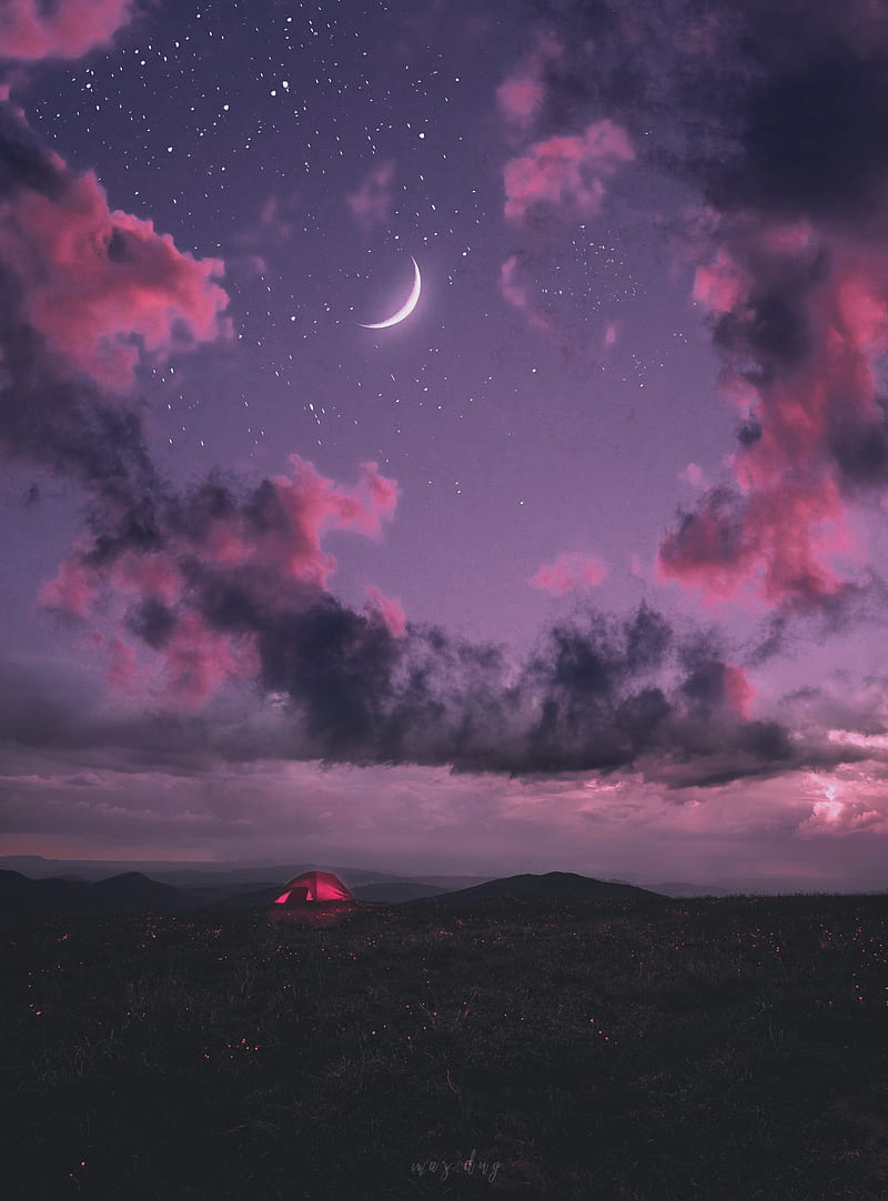 Night Under the Sky, camp, evening mountain, night, scenery, sky, space, stars, tent, HD phone wallpaper