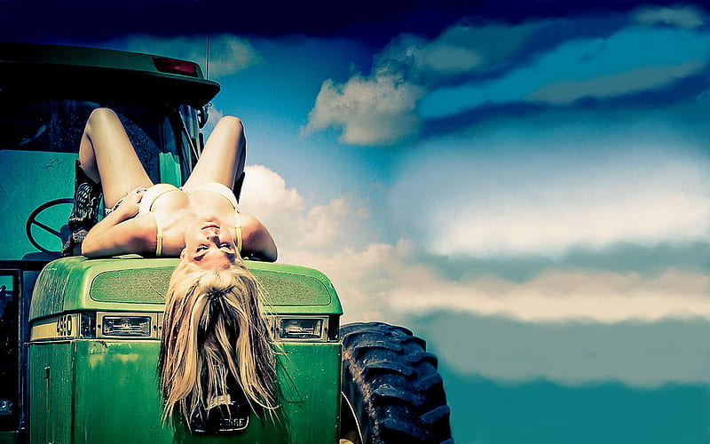 Tractor Tanning Bed.., female, models, tractor, cowgirl, boots, ranch, fun, tanning bed, outdoors, women, brunettes, john deere, girls, fashion, western, style, HD wallpaper