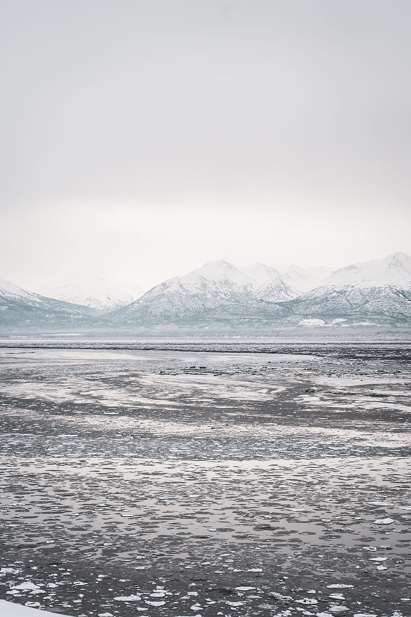 lake, mountains, frozen, ice, snow, winter, HD phone wallpaper
