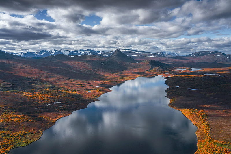 The vast wilderness of Swedish Lapland, sky, scandinavia, autumn, mountains, river, clouds, HD wallpaper