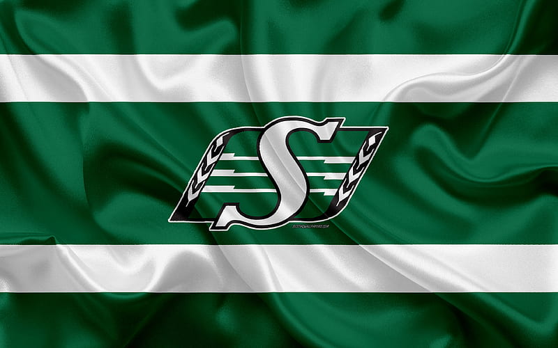 Saskatchewan Roughriders logo, silk texture, Canadian football team, CFL, emblem, green white silk flag, Regina, Canada, Canadian Football League, HD wallpaper