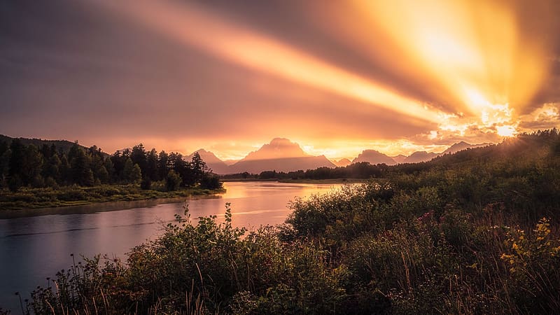 Incredible light after a thunderstorm over the Snake River in Grand Teton National Park, mountains, wyoming, trees, colors, landscape, clouds, sky, HD wallpaper