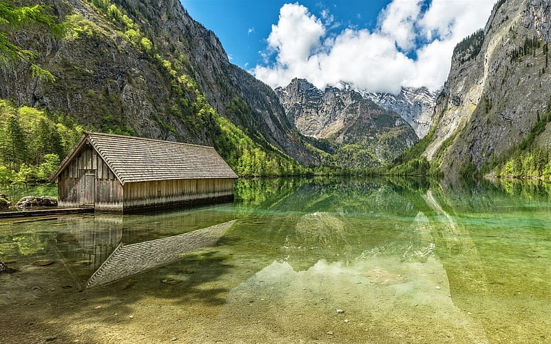 Lake Obersee, Bavaria, german landmarks, National Park Berchtesgaden, mountains, Germany, Europe, HD wallpaper