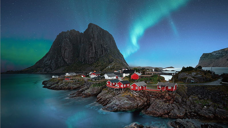 Light UP Norway, homes, village, aurora borealis, sky, Norway, Firefox theme, northern lights, fishing village, houses, sea, beach, HD wallpaper