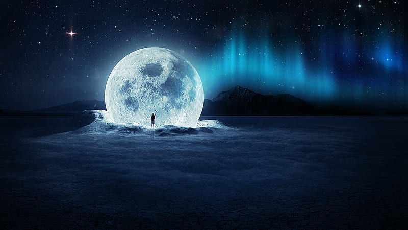 Full moon Wallpaper 4K, Aurora Borealis, Night time