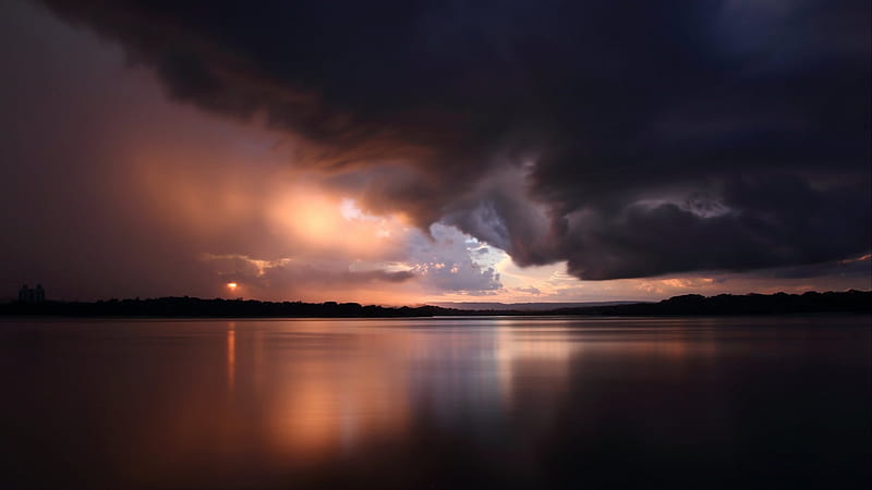 low storm clouds over a lake, dark, sunset, clouds, storm, lake, HD wallpaper
