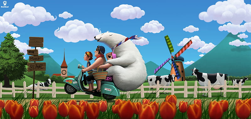 Mont Blanc, red, mill, fantasy, green, polar bear, tulip, blue, cloud, cow, luminos, caricature, spring, sky, situation, flower, funny, white, HD wallpaper