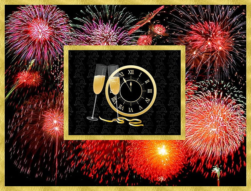 Fireworks, clock, new year, wine, HD wallpaper