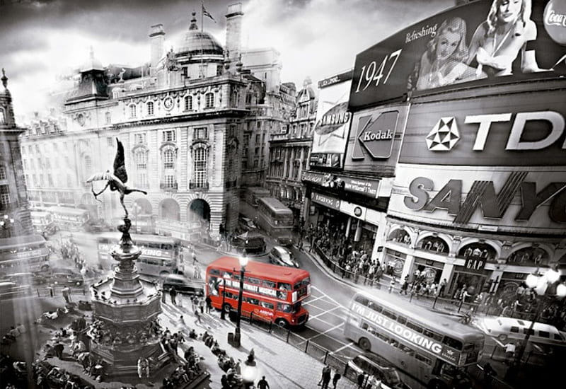 Big Red Bus in Piccadilly, red, transport, black and white, bus, city, big, london, eros, piccadilly, HD wallpaper