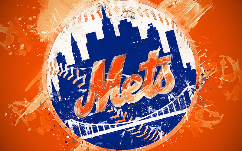 New York Mets grunge art, logo, american baseball club, MLB, orange background, emblem, New York, USA, Major League Baseball, National League, creative art, HD wallpaper