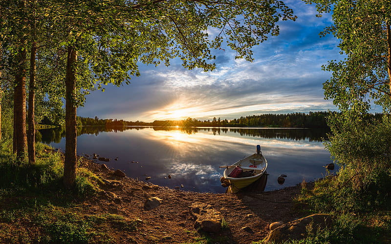 evening, sunset, boat on the shore, beautiful river, forest, River Oulujoki, Finland, HD wallpaper