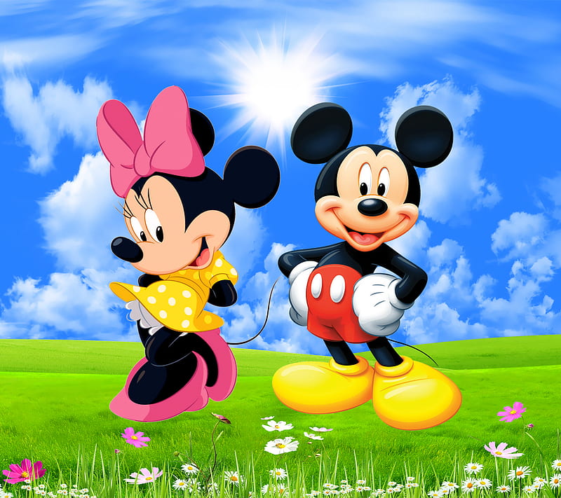 Mickey and Minnie, disney, meadow, mouse, spring, HD wallpaper