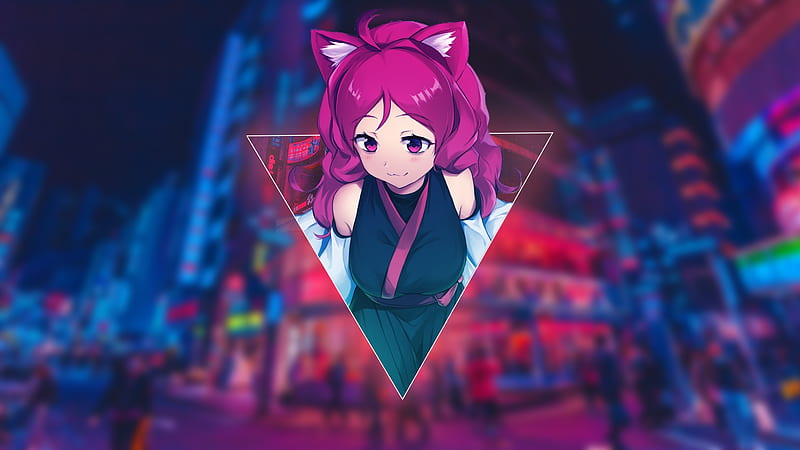 polyscape, anime girl, animal ears, purple hair, smiling, triangle, Anime, HD wallpaper