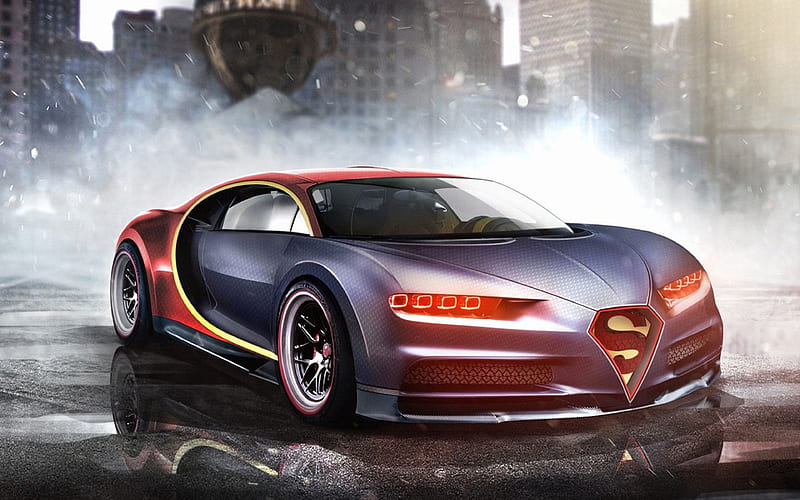 Superman car Bugatti Chiron, art, hypercars, gray Chiron, Superman, Bugatti, HD wallpaper