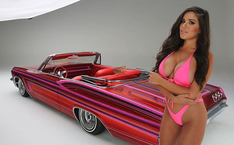 Chantel Zales 1965 Chevrolet Impala Convertible, brunettes, carros, models, chantel zales, red cars, vehicles, bikini, HD wallpaper