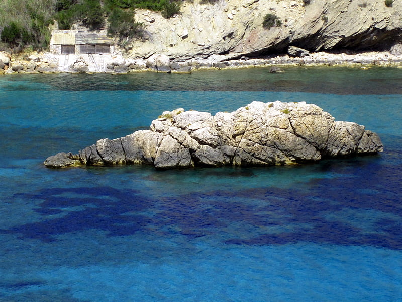 Rocky island, rocks, graphy, ocean, nature, blue, HD wallpaper