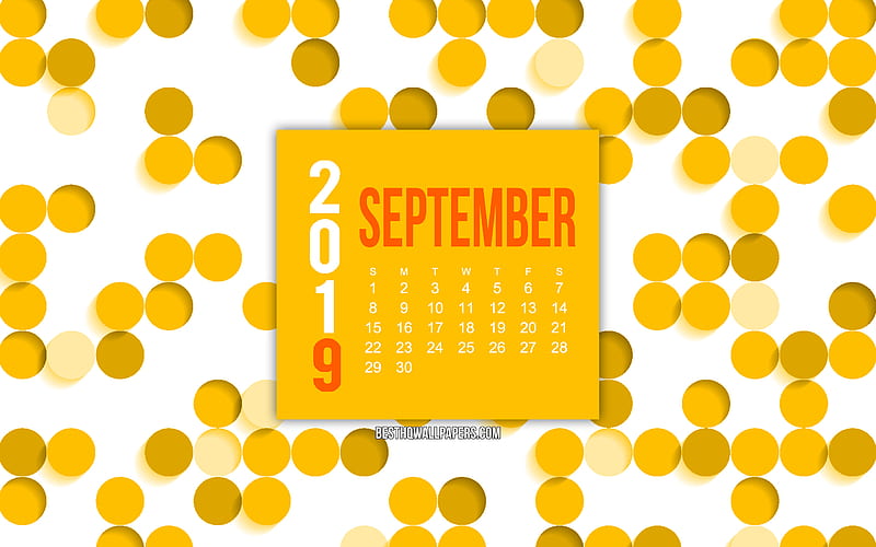 September 2019 calendar, yellow abstract background, yellow circles background, autumn, September, 2019 calendars, HD wallpaper