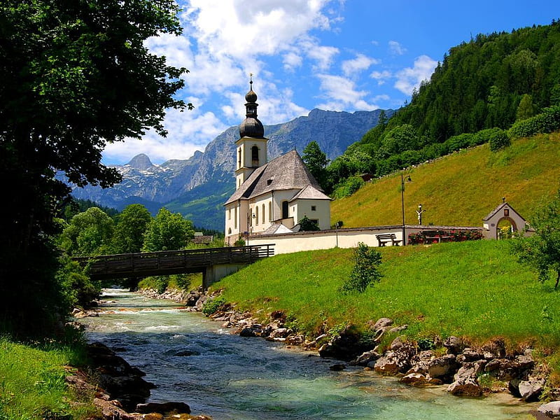 Ramsau-bei-Berchtesgaden-Bavarian-Alps, grass, trees, sky, clouds, mountain, water, stone, temple, nature, HD wallpaper