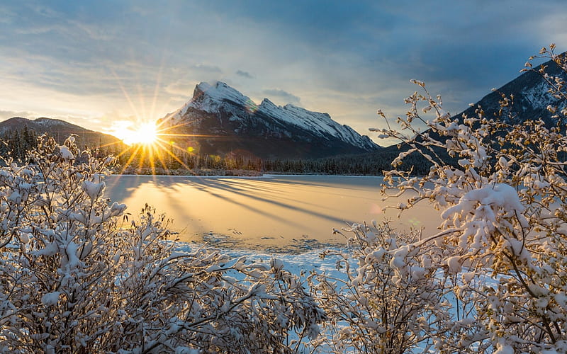 morning, winter, mountain landscape, snow, forest, USA, mountain lake, HD wallpaper