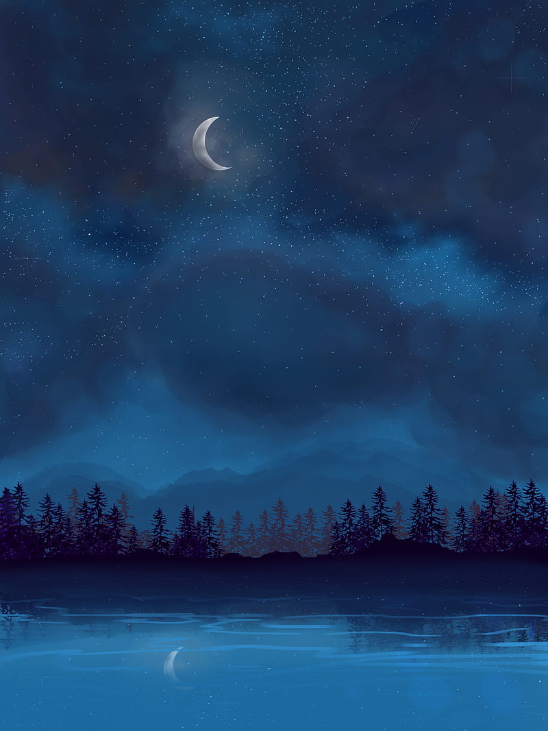 Starry Night, cosmos, digital illustration, forest, galaxy, lights ...