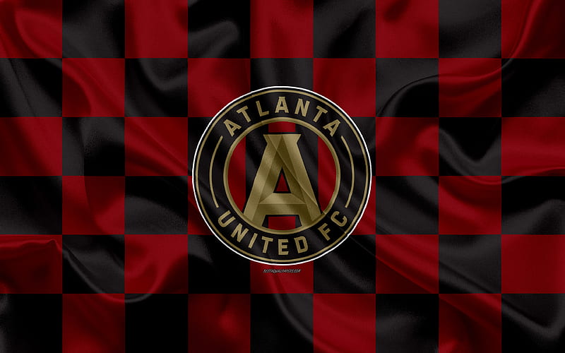 Atlanta United FC logo, creative art, burgundy black checkered flag, American Soccer club, MLS, emblem, silk texture, Atlanta, Georgia, USA, football, Major League Soccer, HD wallpaper
