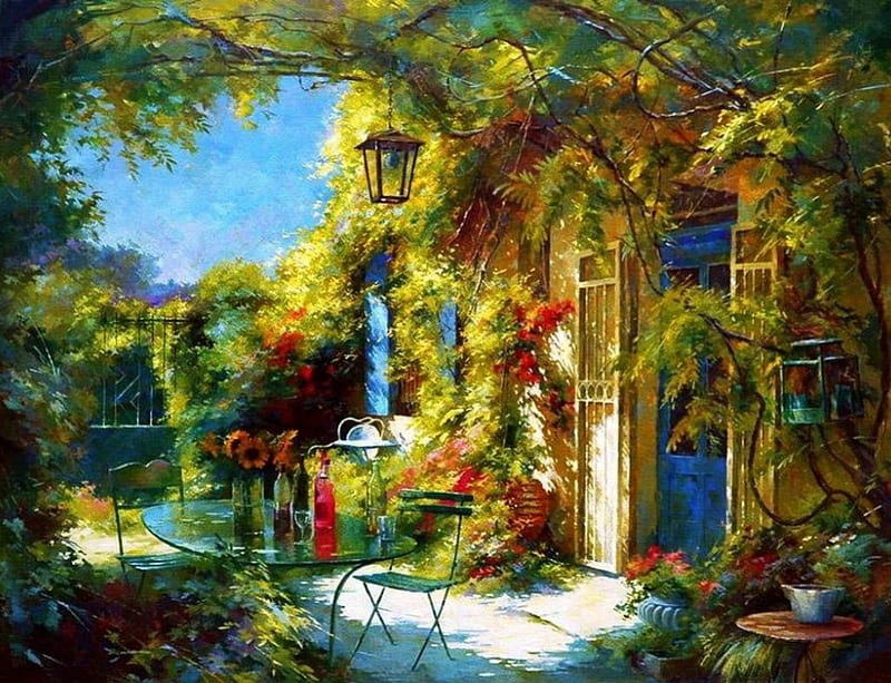 Mediterranean Cottage, veranda, table, wine, painting, chair, bottles, artwork, door, HD wallpaper