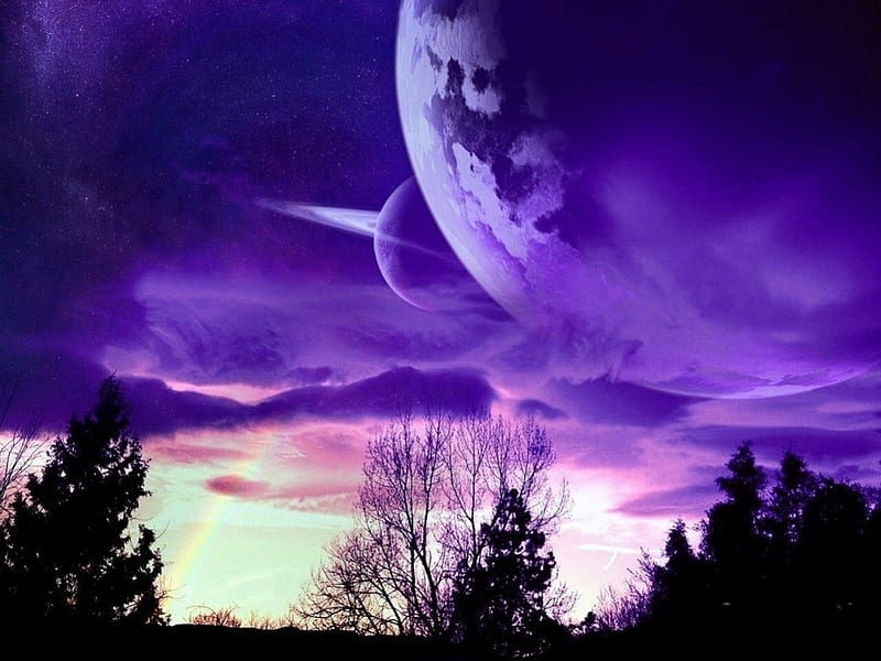 PURPLE PLANETS, Planets, Moon, Purple, Trees, Clouds, Sky, HD Wallpaper