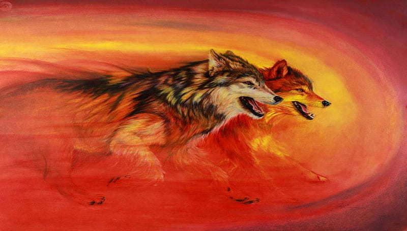 ice and flame, painting, colours, wolf, wolves, HD wallpaper