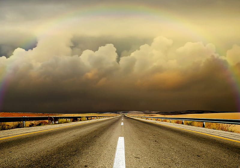 Road To Nowhere, colorful, bonito, sunset, rainbow, clouds, railing, beauty, road, lovely, view, colors, sky, storm, highway, peaceful, nature, field, landscape, HD wallpaper