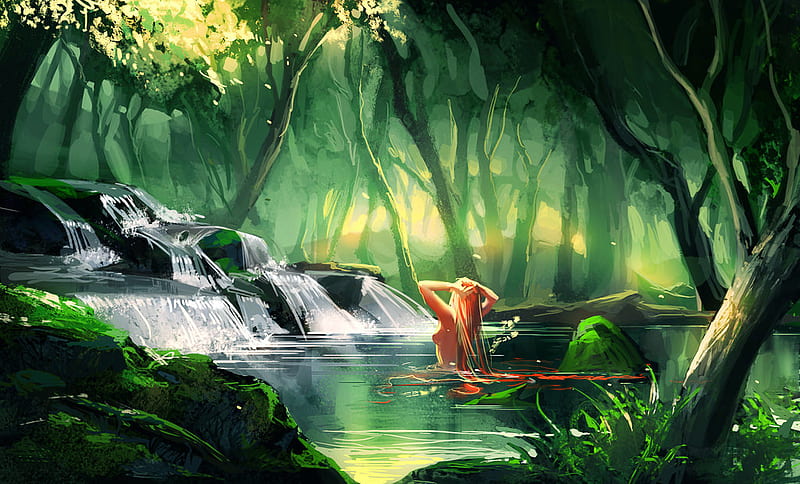 Bathing in Eden, forest, green, girl, hot, sexy, HD wallpaper