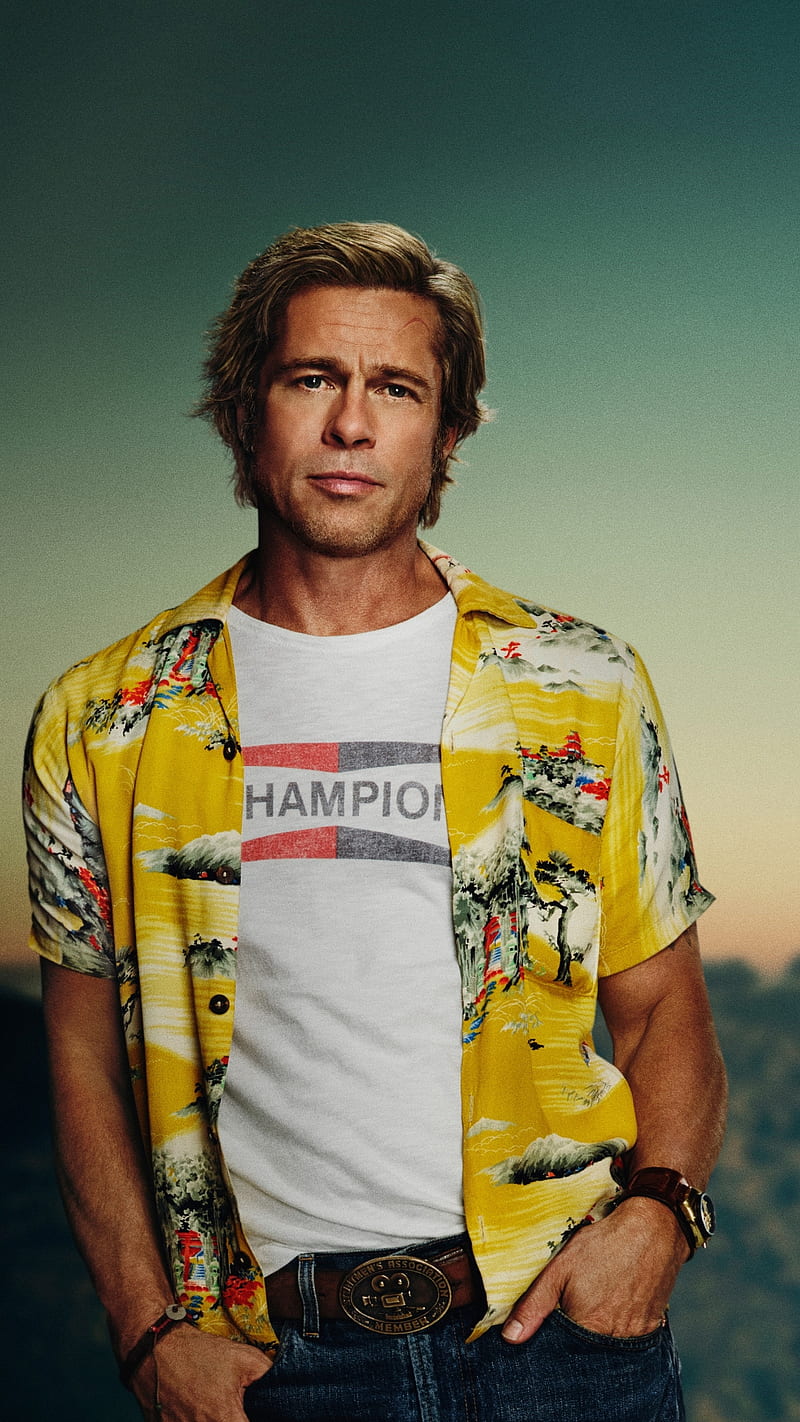 Once in Hollywood, actor, brad pitt, film, hollywood, male, movie, yellow shirt, HD phone wallpaper